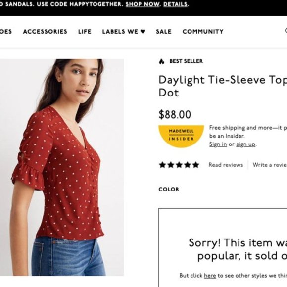 MADEWELL DAYLIGHT TIE SLEEVE TOP IN POLKA DOTS NWT - Picture 11 of 11